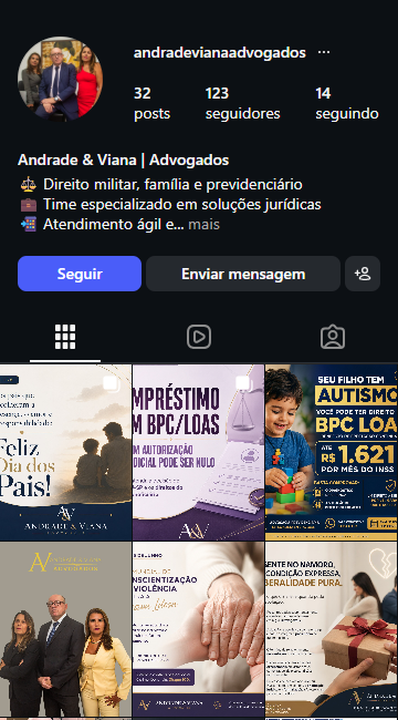 Feed do Instagram @andradevianaadvogados com dicas jurídicas